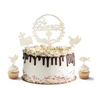 LdawyDE Decorazione Torta Battesimo, 1 Topper Legno & 3 Decorazione Cupcake a Forma di Colomba, Pesci, Libri di Preghiera, Decorazione Battesimo per Ragazzi e Ragazze