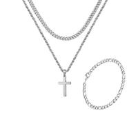 LDBKLGHJ Collana Crocifisso Uomo Set 3 Pezzi con Collana Croce 60cm Collana Catena Cubana 50cm Bracciale Acciaio Inossidabile Argento Regalo per Uomo Donna Fede Elegante