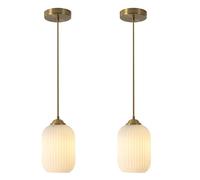 LDCBFTR Mini Lampada a Sospensione in Vetro lattimo - Lampadari Moderni a Sospensione a soffitto con globi a Coste Piccole, Colore Bianco e Oro - Confezione da 2 metà secolo