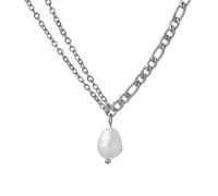 LDGSUPH Collana girocollo da donna con pendente in acciaio inossidabile placcato oro 18 carati perle d'acqua dolce naturali a strati che non sbiadiscono(Silver)