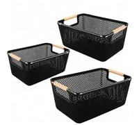 LDHHYH 3 cestini portaoggetti in filo di rete, grandi cestini traspiranti con manico in legno, portatili, multiuso, organizer per verdure, per casa, ufficio, cucina, nero