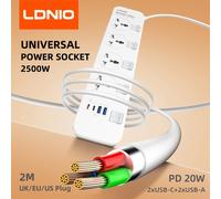 LDNIO Presa multipla universale Spina UE/Regno Unito/USA Cavo di prolunga 2M Elettrico 4 prese per interruttori Tipo C Porte USB Adattatore per caricabatterie