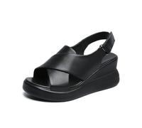 LDOZ Summer Open-Toe Women slippers Fish-Mouth Shoes Leather Buckle Hollow Wedges Women's Thick-soled Sandals(Black-2,7)