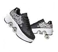 LDRFSE Skate Roulette Ragazza Sneakers Roller Scarpe Da Skateboard Scarpe Da Ginnastica con Ruote Sport Ginnastica Moda Multiuso Kick Roller Shoe per ragazzi Ragazze, Fiore nero rosa, 41 EU