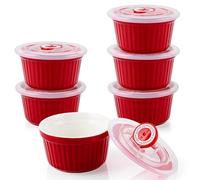 LDXDRU 6 Pezzi Ciotole Ceramica Rosse con 6 Coperchi 200 ml 9 x 5 cm, Stampi Soufflé e Ramequin Ceramica per Forno, Dessert, Budino, Antipasti e Pasticceria