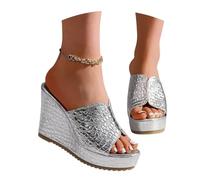 LDXEQIZ Mules in Vernice PU Sandali Glitterati da Donna Ciabatte Eleganti con Tacco Alto Pantofole da Sposa con Plateau E Zeppa Scarpe da Sera Slingback Estive 2026 for Festa(Silver,42 EU)
