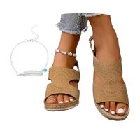 LDXEQIZ Sandali Ortopedici da Donna Sandali Comodi for Piedi Larghi for Camminare Sandali Vintage con Zeppa E Plateau con Stampe Scarpe Estive Aperte in Pelle PU con Supporto Plantare(Brown,41 EU)