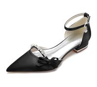 LDXEQIZ Scarpe da Sposa A Punta Scarpe da Sposa Classiche in Raso con Strass + Fiocchi Sandali Piatti con Tacco Basso Pumps da Donna con Cinturino alla Caviglia, 2,5 Cm(Black,37 EU)