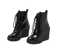 LDXEQIZ Stivaletti Con Zeppa Stivali Stringati Con Plateau Da Donna Stivaletti Biker In Vernice PU Tacchi Alti 11 Cm Scarpe Calde Alla Caviglia For Autunno E Inverno(38 EU)