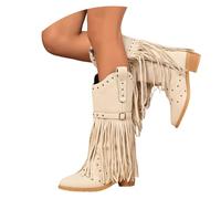 LDXEQIZ Stivali Alti con Frange Boots da Cowboy Western da Donna con Tacco Largo Stivali Lunghi in Pelle PU con Cerniera Boots da Equitazione alla Moda con Rivetti Scarpe for Concerti(37 EU)
