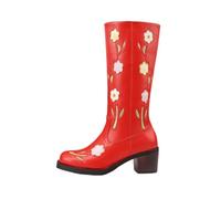 LDXEQIZ Stivali da Cowboy Western con Punta Quadrata Stivali retrò da Donna A metà Polpaccio con Ricami Floreali Stivaletti in Pelle PU con Tacco A Blocco Scarpe alla Caviglia for Concerti(Red,37 EU)