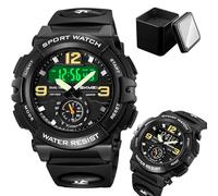 LDZDGD Orologio Digitale Multifunzione da Uomo, Triplo Orario, Cronometro, Sveglia, Formato 12/24h, Retroilluminazione EL, Orologio Tattico Resistente all’Acqua(Black)