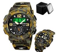 LDZDGD Orologio Digitale Multifunzione da Uomo, Triplo Orario, Cronometro, Sveglia, Formato 12/24h, Retroilluminazione EL, Orologio Tattico Resistente all’Acqua(Green camo)