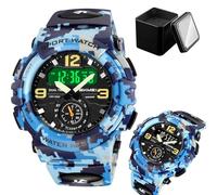 LDZDGD Orologio Digitale Multifunzione da Uomo, Triplo Orario, Cronometro, Sveglia, Formato 12/24h, Retroilluminazione EL, Orologio Tattico Resistente all’Acqua(Blue camo)