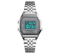LDZDGD Orologio Digitale Unisex con Cinturino in Acciaio Inox, Impermeabile 30M, Stile Retrò con Retroilluminazione EL, Allarme, Cronografo, Data e Giorno(Silver 1)