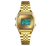 LDZDGD Orologio Digitale Unisex con Cinturino in Acciaio Inox, Impermeabile 30M, Stile Retrò con Retroilluminazione EL, Allarme, Cronografo, Data e Giorno(Gold 3)