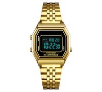 LDZDGD Orologio Digitale Unisex con Cinturino in Acciaio Inox, Impermeabile 30M, Stile Retrò con Retroilluminazione EL, Allarme, Cronografo, Data e Giorno(Gold 1)