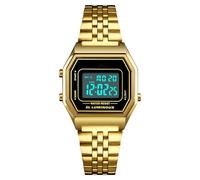 LDZDGD Orologio Digitale Unisex con Cinturino in Acciaio Inox, Impermeabile 30M, Stile Retrò con Retroilluminazione EL, Allarme, Cronografo, Data e Giorno(Gold 2)