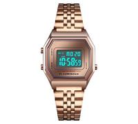 LDZDGD Orologio Digitale Unisex con Cinturino in Acciaio Inox, Impermeabile 30M, Stile Retrò con Retroilluminazione EL, Allarme, Cronografo, Data e Giorno(Rose)