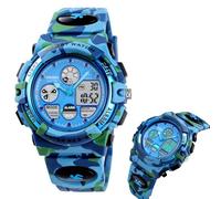 LDZDGD Orologio Sportivo Digitale da Uomo, Impermeabile 50M, Tattico da Esterno con Cronografo, Retroilluminazione, Allarme, Data e Giorno, Cinturino in PU(Light blue camo)