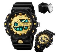 LDZDGD Orologio Sportivo Digitale da Uomo, Triplo Fuso Orario, Timer, Cronometro, Sveglia, Retroilluminazione LED, Giorno e Data, Impermeabile 50M, Stile Tattico da Esterno(Gold)
