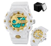 LDZDGD Orologio Sportivo Digitale da Uomo, Triplo Fuso Orario, Timer, Cronometro, Sveglia, Retroilluminazione LED, Giorno e Data, Impermeabile 50M, Stile Tattico da Esterno(White)