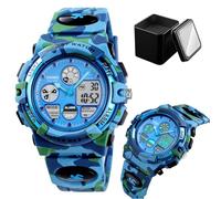 LDZDGD Orologio Sportivo Digitale e Analogico da Uomo, Impermeabile 50M, con Sveglia, Cronografo, Retroilluminazione EL, Doppio Fuso Orario, Cinturino PU(Light blue camo)