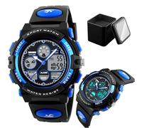 LDZDGD Orologio Sportivo Digitale e Analogico da Uomo, Impermeabile 50M, con Sveglia, Cronografo, Retroilluminazione EL, Doppio Fuso Orario, Cinturino PU(Blue 2)