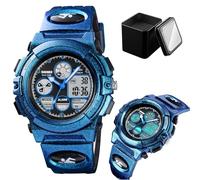 LDZDGD Orologio Sportivo Digitale e Analogico da Uomo, Impermeabile 50M, con Sveglia, Cronografo, Retroilluminazione EL, Doppio Fuso Orario, Cinturino PU(Blue 1)