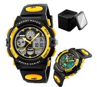LDZDGD Orologio Sportivo Digitale e Analogico da Uomo, Impermeabile 50M, con Sveglia, Cronografo, Retroilluminazione EL, Doppio Fuso Orario, Cinturino PU(Yellow)