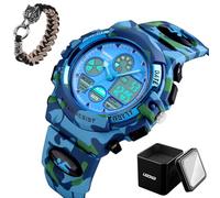LDZDGD Orologio Tattico Digitale Impermeabile 50M, Sportivo Antiurto con Cronometro, Retroilluminazione, Allarme, Doppio Fuso Orario, per Allenamento e Escursionismo(Light blue camo)