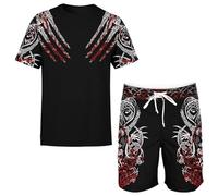 LDZDGD Set Maglietta e Pantaloncini di Mitologia Norrena da Uomo, Outfit Estivo Streetwear in Stile Viking con Rune Antiche, Simboli Tribali del Guerriero e Stampe Audaci(Berserker 2,XXL)