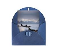 Le balene assassine nuotano lungo la stampa di biglietti con buste, fibbia verticale d'amore vuota carta perla imballaggio auguri di vacanza