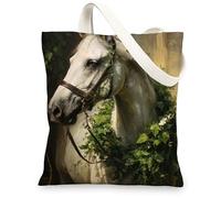 Le borse di totalizzatore della tela del cavallo, borse riutilizzabili della drogheria di progettazione artistica del cavallo, la tracolla lavabile leggera della natura dell'annata può, bianco, 13x15