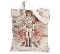 Le borse di totalizzatore della tela dello schiaccianoci di Natale, borse della spesa riutilizzabili floreali, la tracolla lavabile leggera dell'annata invernale può, Beige, 13x15 Inch