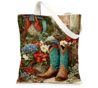 Le borse di totalizzatore rustiche d'annata della tela, borse riutilizzabili della drogheria di progettazione degli stivali floreali, la tracolla lavabile leggera, Marrone, 13x15 Inch