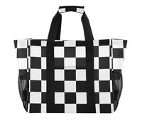 Le borse di utilità del modello a scacchi bianche e nere pieghevoli con le tasche con il totalizzatore della borsa da spiaggia delle maniglie, Motivo a scacchi bianco e nero, 1 size, Moda