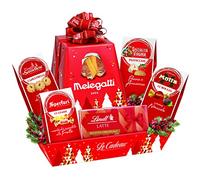 LE CADEAU | Confezione Regalo "Agrifoglio", Cesto Alimentare Natalizio, Vassoio Composto Da Pandoro Melegatti, Cioccolato Lindt, Pasticcini, Canestrelli, Gelèes alla Frutta, Idea Natale