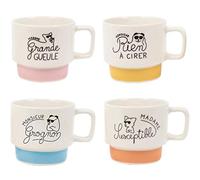 Le Fabuleux Shaman 39-2X-007 - Tazze da caffè impilabili Monsieur Madame Grognon Susceptible Niente da cerare, set di 4 pezzi, in ceramica bianca e multicolore, misura 10,5 x 22,5 cm