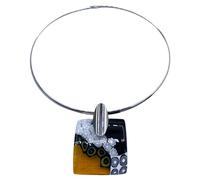 LE GEMME DI VENEZIA, Collana in Vetro di Murano, Ciondolo Quadrato con Motivi Geometrici, Nero e Oro, Murrina Veneziana