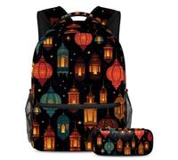 Le lanterne del Ramadan si preparano per il ritorno a scuola con il nostro set zaino e astuccio per ragazzi, ragazze e adolescenti, Multicolore#04, B：29.4x20x40cm P：19x7.5x3.8cm, Zaini Daypack