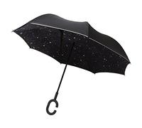Le Monde du Parapluie Ombrello da donna con apertura invertita, con stampa a stelle e bordo fosforescente, ombrello con apertura invertita, grande ombrello 110 cm di diametro, colore: nero
