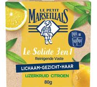 Le Petit Marseillais Solido 3 in 1 naturale Bio Limone Erba Ferro per doccia e shampoo per viso, bar biologico e rinfrescante senza sapone, pH neutro con profumo delicato, 1 x 80 g