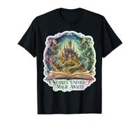 Le storie Si svolgono Magic Awaits Book Lover Biblioteca Bookworm Fan Maglietta