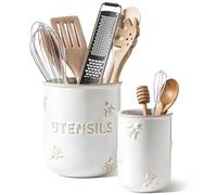 LE TAUCI Portautensili, 17,5 cm + 13,5 cm, in ceramica, per piano di lavoro, organizer per utensili da cucina in rilievo, per spatola e cucchiaio, decorazione da cucina, set di 2, bianco artico