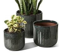 LE TAUCI Vaso di Ceramica per piante, 20+17+14 cm Vasi per Piante da interno con Foro di Drenaggio, Fioriere Cilindrico Medio, Set da 3, Smalto Marrone Oliva