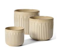LE TAUCI Vaso di Ceramica per piante, 20+17+14 cm Vasi per Piante da interno con Foro di Drenaggio, Fioriere Cilindrico Medio, Set da 3, Beige Crema Smaltato