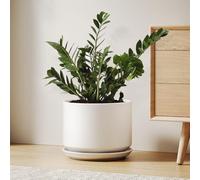 LE TAUCI Vaso in Ceramica 25 cm, Vaso con Sottovaso Integrato e Foro di Drenaggio, Moderno e Minimalista, Bianco Smalto Opaco