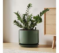 LE TAUCI Vaso in Ceramica 25 cm, Vaso con Sottovaso Integrato e Foro di Drenaggio, Moderno e Minimalista, Verde Smalto Opaco