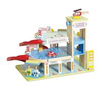 Le Toy Van - TV439 - Gioco parcheggio auto garage macchinine per bambini in legno, 3 anni, 3 piani, include 1 auto, 1 elicottero, ascensore funzionante, stazione auto elettriche, rampe, eliporto